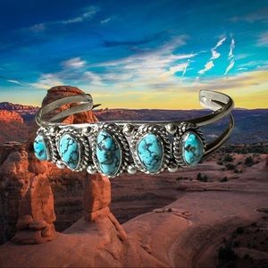 Native Sterling Silver 5 Stone Turquoise Cuff Signed.